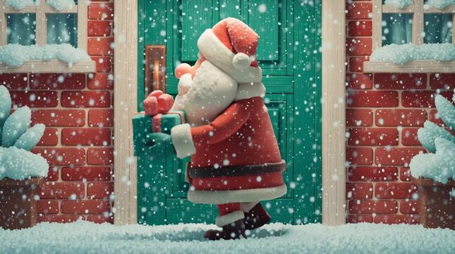 Digital animation video of Santa Claus holding gifts at a house door, full-body cartoon realism, festive red and green palette, snowy background, colorful Christmas postcard style, cheerful holiday sc