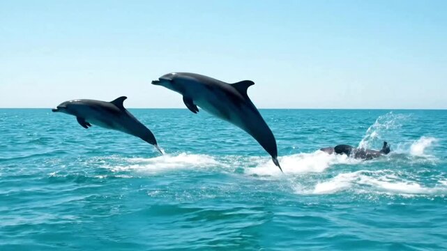 Two dolphins jumping joyfully out of the sparkling turquoise ocean waves