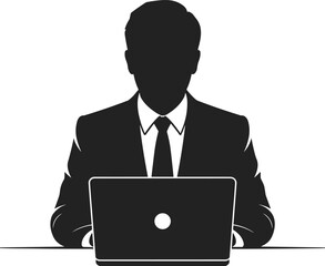 Businessman working on laptop, professional office worker silhouette, corporate productivity, online communication, leadership technology, black and white vector illustration design