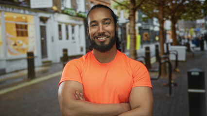Fototapeta premium Man arms crossed showing biceps on street in bright orange shirt smiling with beard and upright stance; confidence urban fitness.