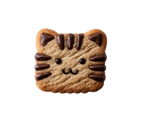 Cute cat face biscuit with sweet chocolate detail. An adorable, happy baked cookie snack food, delightful treat for kids, isolated on transparency background