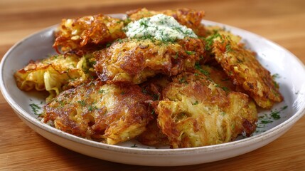 A plate of fried food with a side of sour cream. The food is golden brown and looks delicious