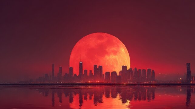 Stunning red moon rises over a skyline, casting a warm glow on the cityscape at twilight