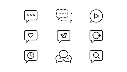 Chat message line icon set. Communication symbols collection. Vector icons for web and mobile apps. Speech bubble with send, like, search, video, typing, and conversation signs.