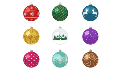 Vector set of realistic 3D Christmas balls. Holiday decoration ornament collection. Colorful Xmas tree baubles with snowflake and reindeer patterns. Isolated festive design elements.