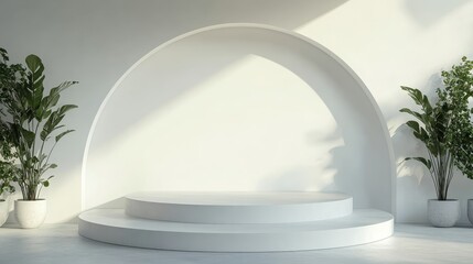 Minimalist White Product Display Podium with Green Plants and Natural Light.