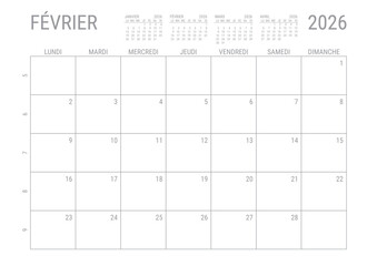 Février 2026 Calendrier Mensual Planificateur avec Numero de Semaine à imprimer A4	