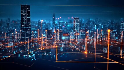 Futuristic city skyline at night with glowing data connections and digital elements illuminating the scene - Powered by Adobe