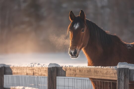 Majestic horse stands by a snowy fence in the gentle glow of winter sunlight