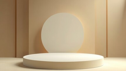 Minimalist Product Display Podium with Circular Backdrop in Soft Beige Tones.