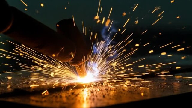 Intense plasma cutting sparks fly across dark metal surface industrial manufacturing process close up dynamic energy bright