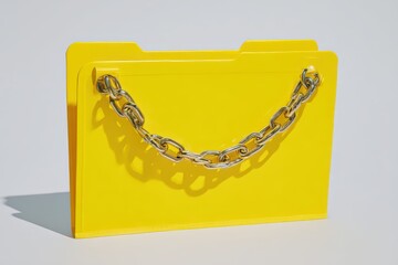 Bold yellow file folder adorned with a metallic chain conveying strength and security within organizational tools enhancing modern workspace aesthetics captured with clarity