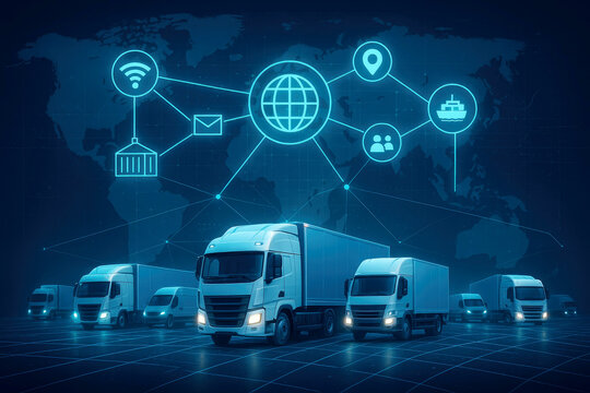 Fleet of trucks and vans connected by a digital network overlaying a world map for global logistics transportation