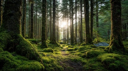 Fototapeta premium Bright sunlight shines through tall trees in a lush forest. Soft moss covers the ground while a peaceful path invites exploration. Nature thrives in harmony and beauty at dawn.