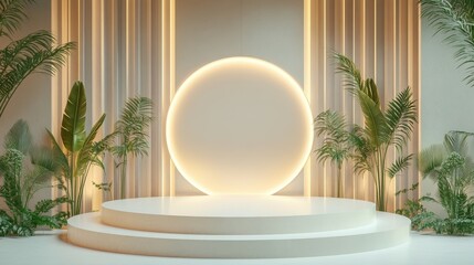 Elegant Product Display Pedestal with Glowing Circle and Green Foliage.