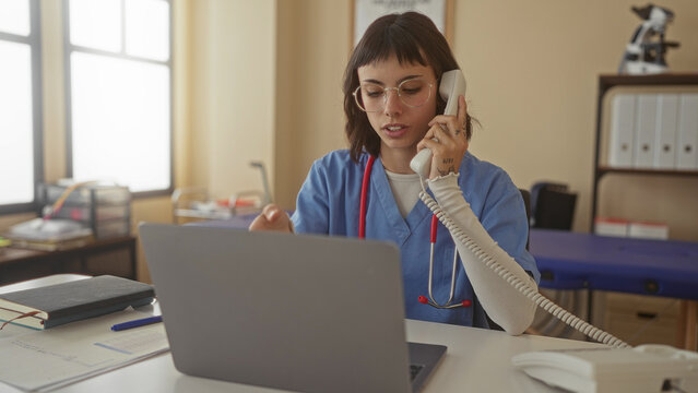 Woman in blue scrubs with stethoscope holds phone receiver to ear by laptop on desk in clinic; patient communication focus. - Powered by Adobe