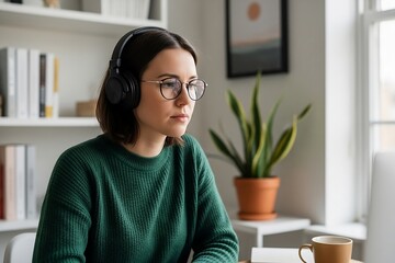 Focused young woman wearing headphones and glasses working, studying or attending a webinar remotely from her modern home office.