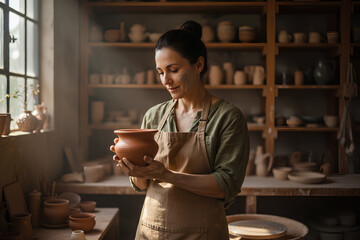 Female artisan potter holding a handmade clay pot with pride and satisfaction in her rustic sunlit workshop.
