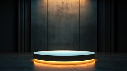 Modern illuminated product display stage with glowing circular platform.