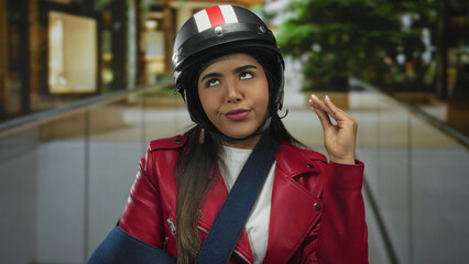 Woman lifts her arm in a subtle gesture on a crowded street by a young latin hispanic rider wearing...