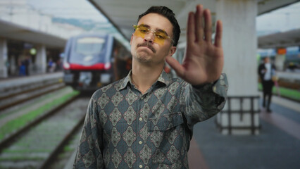 Naklejka premium Young man with glasses making stop gesture in busy outdoor train station, standing confidently near a railway with a red train in the background, suggesting travel and urban lifestyle.