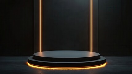 Modern Dark Podium with Orange Neon Lights for Product Showcase.