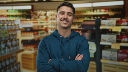 Fototapeta premium Young hispanic man in a supermarket with arms crossed wearing a blue hoodie standing confidently among grocery shelves in an indoor market setting.