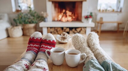 Cozy winter scene with socks, coffee, and fireplace for relaxing indoor comfort