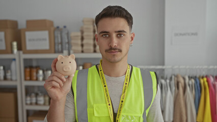 Young man with reflective vest holding piggy bank in a charity donations center surrounded by boxes and clothes, symbolizing voluntary support and aid.