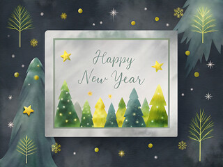 Happy new year greeting with watercolor christmas trees and stars on a dark background