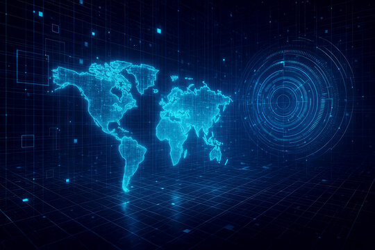 Futuristic Digital World Map with AI Interface and Grid global technology
