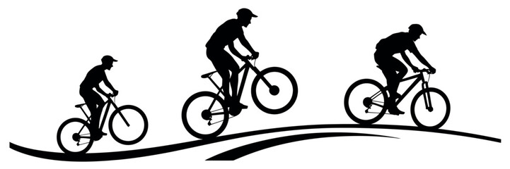Obraz premium Dynamic silhouette illustration showcasing three cyclists actively riding mountain bikes on an undulating track, symbolizing outdoor sports and challenging terrain