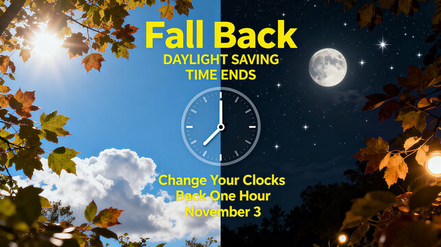 Clock, day and night scenes, and the end of daylight saving time text. The time adjustment for turning back to the clock when daylight saving time ends, as well as time science and life tips.

