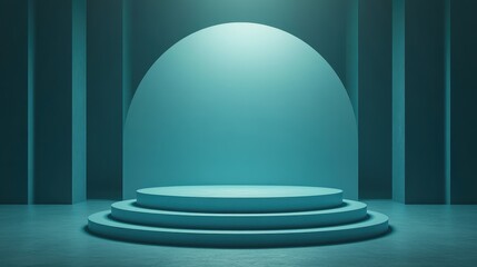 Minimalist blue podium stage with spotlight for product display.