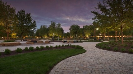 Illuminated park pathway at twilight with stone benches