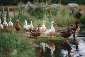 Obraz premium Ducks wandering along the serene waterside at sunset in a lush green landscape