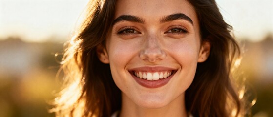 Young woman smiling brightly while standing outdoors in sunlight  
