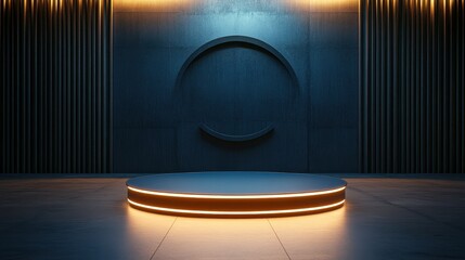 Futuristic illuminated circular podium stage for product presentation or virtual event showcase.