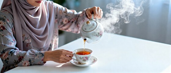 Woman in hijab pouring hot tea into cup on table indoors  