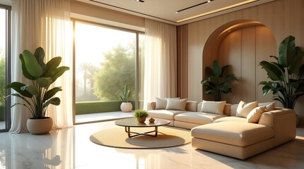 Tropical Minimalist Smart Living Room with Natural Sunlight, Green Energy Design, and Modern Futuristic Elements