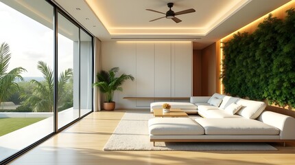 Tropical Smart Minimalist Living Room with Glass Walls, Natural Light, and Sustainable Eco Technology Design