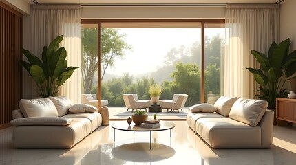 Tropical Minimalist Smart Living Room with Natural Sunlight, Green Energy Design, and Modern Futuristic Elements