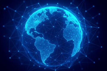 Naklejka premium Glowing Blue Digital Globe Connected by Network Lines on Dark Background earth world