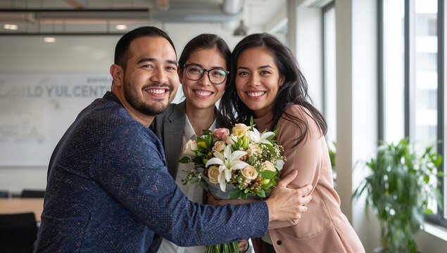 Happy diverse team hugging with bouquet of flowers
- Powered by Adobe