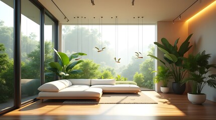 Futuristic Eco Tropical Living Room with Smart Glass Walls and Minimalist Sustainable Home Interior Design