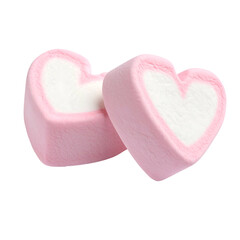 Two pink and white heart-shaped confections, close-up, against a dark background