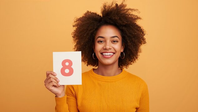 Smiling woman holding number 8 card on an orange background
