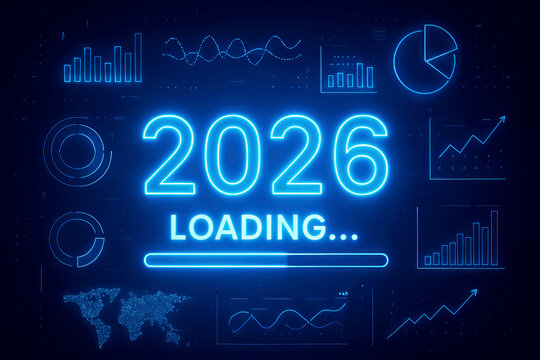 Glowing Blue Futuristic Interface Displaying Year 2026 Loading with Data Charts and World Map abstract