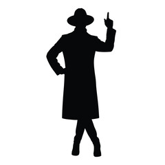 Silhouette of a person in a hat and coat pointing upwards with one hand on their hip pose