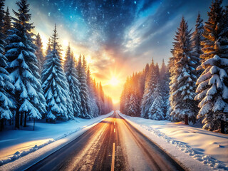 Scenic winter road through a snowcovered forest at sunset with dramatic sky